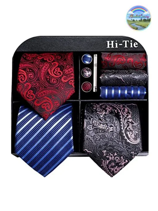 3pc Men's Tie Set Necktie Pocket Square Cufflinks Lapel Pin Silk Gift Box