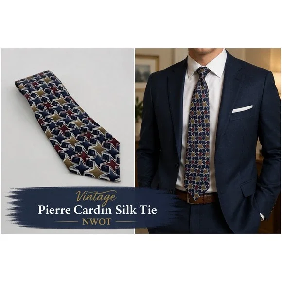 Pierre Cardin Silk Tie Blue Burgundy Geometric Wide Designer 90's NWOT Vintage