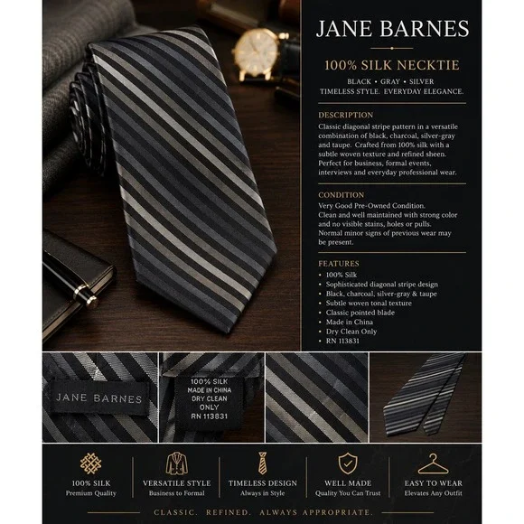 Jane Barnes Men's 100% Silk Necktie – Black Gray Silver Diagonal Stripe