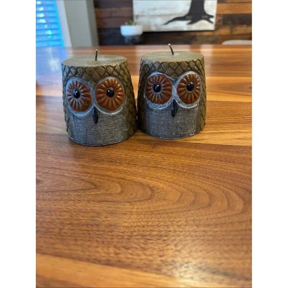 NEW Set of Two Textured Pillar Owl Candles 3”