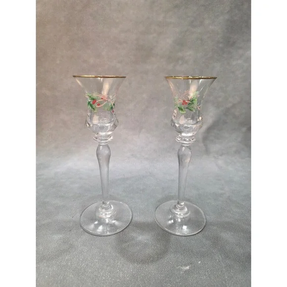 Vintage Christmas Holly Berry Glass Taper Candle Holders Gold Rim Set of 2