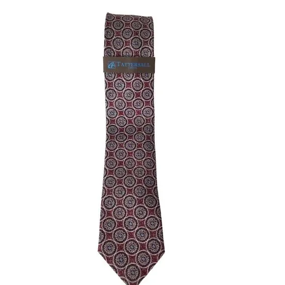 NWT Tattersall‎ London Burgundy Red Geometric Design Silk Necktie