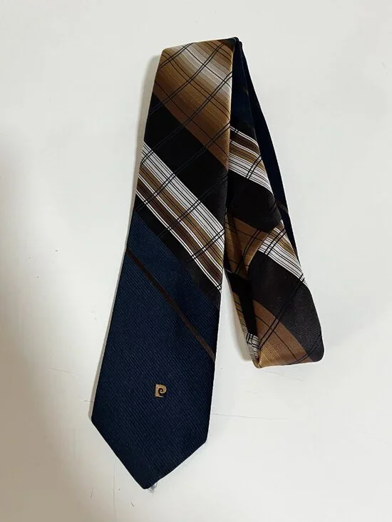 VTG PIERRE CARDIN Paris NEW YORK Blue/Brown Plaid & Striped MEN'S TIE-Preowned