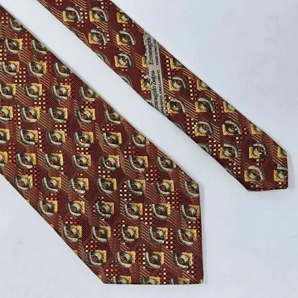 ERMENEGILDO ZEGNA EXCLUSIVE DESIGN SILK TIE GOLD BROWN GEOMETRIC 3.75