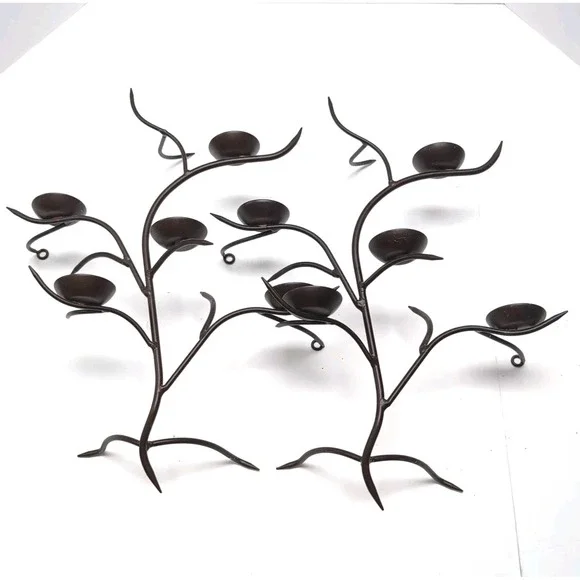 Set Pair of 2 Brutalist‎ Branch Wall Votive Holders Dark Brown Metal Tree Sconce