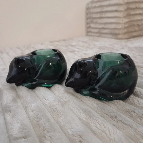 Lot of 2 Vintage Indiana Glass Emerald Green Sleeping Cat Votive Candle