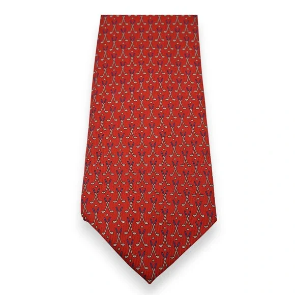 Lauren Ralph Lauren Country Club Tie, Red Golf Design 100%‎ Silk Made In USA