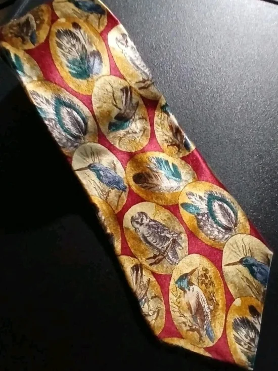 Oscar de la Renta Red Silk Tie with Gold Medallions and Teal Bird Accents