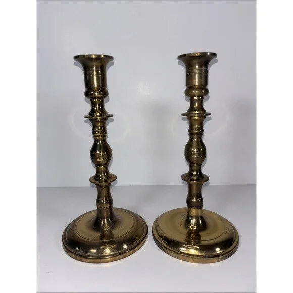 Antique Pair Brass Beehive Candlesticks Victorian Baluster 8”H Marked W