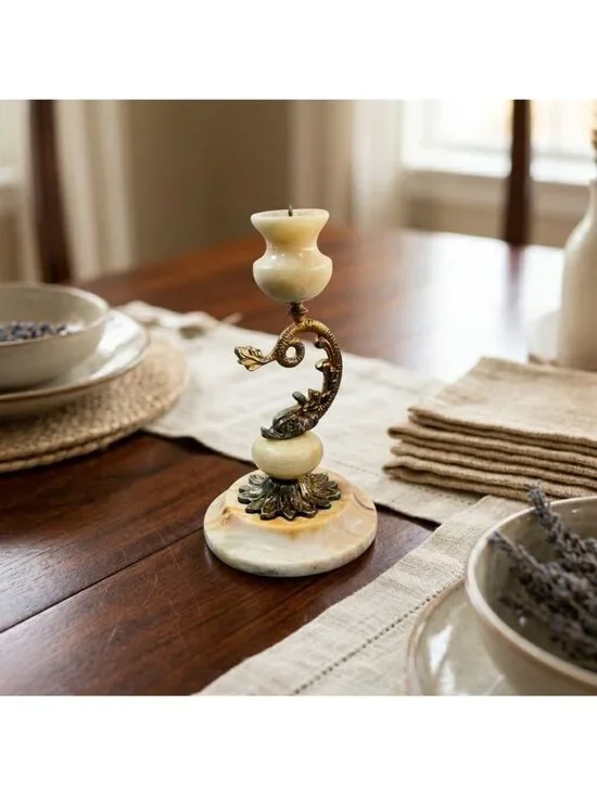 Vintage Onyx Marble Brass Dolphin Candlestick Hollywood Regency Pricket 8