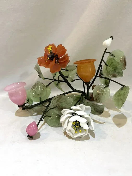 Vintage Hand Carved Jade & Stone Floral Candle Holder Centerpiece AS IS