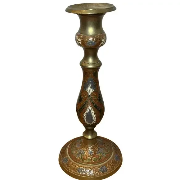 Vintage 70s Brass and Enamel Candle Holder