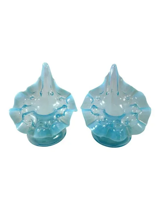 Pair of Jack in the Pulpit Squat Vases Candle Holders Blue Opalescent Vtg 1920s
