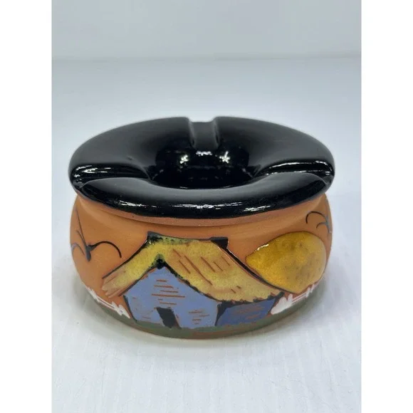 Vintage Terracotta Round 2 Part Ashtray Hand Painted Removable Top