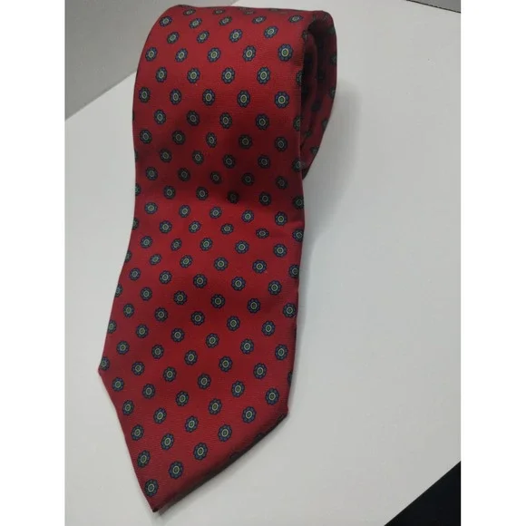 Lands End Mens Silk Tie Red Floral Medallion Classic Width Made in USA Vintage‎