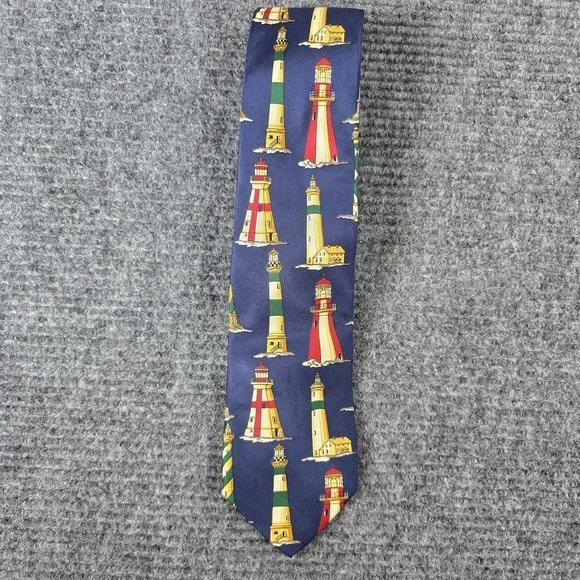 VTG Lands End Mens 100% Silk Necktie Blue‎ Lighthouse AOP Nautical Handsewn USA