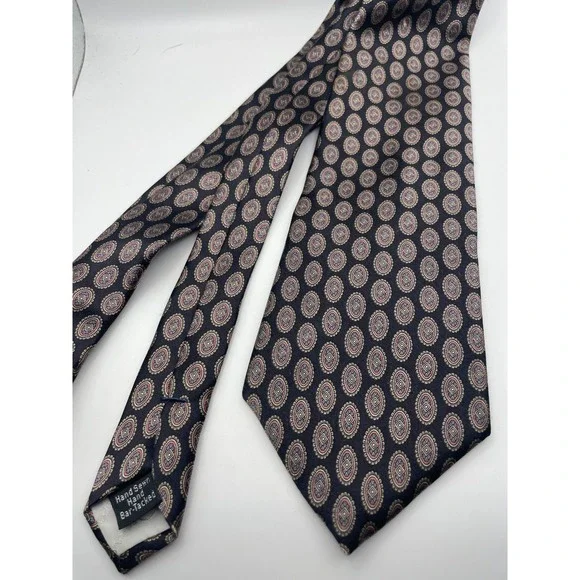 Oscar de la Renta Couture Mens Silk Necktie Navy Blue Medallion Geometric Tie