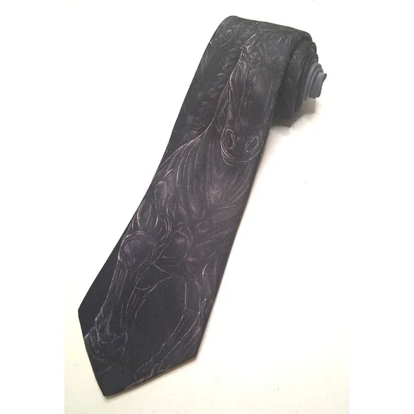Ralph Marlin Necktie Black Wild Horses VTG Polyester 1988 Equestrian Derby Horse