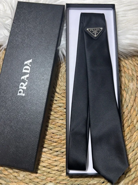 Prada Black Silk Tie with Triangle Logo Plaque