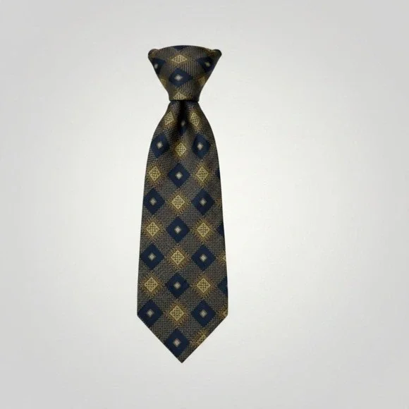 Hishiya Necktie Vtg Blue Gold Geometric Diamond Classic Silk Tie Business Retro