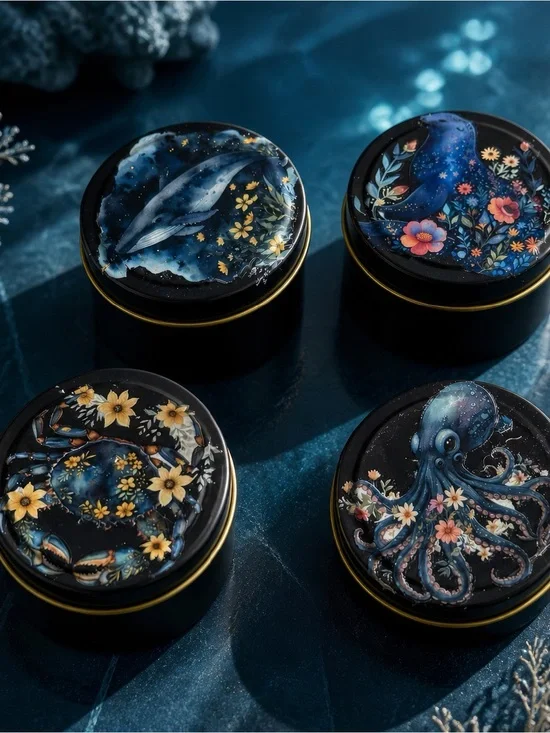 Set of 4 Celestial Ocean 4oz Decorative Tins with Lids-Handmade Aquatic Art