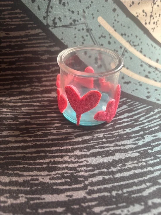 Handcrafted Clay Covered Glass Holder with Pink Heart Accents
