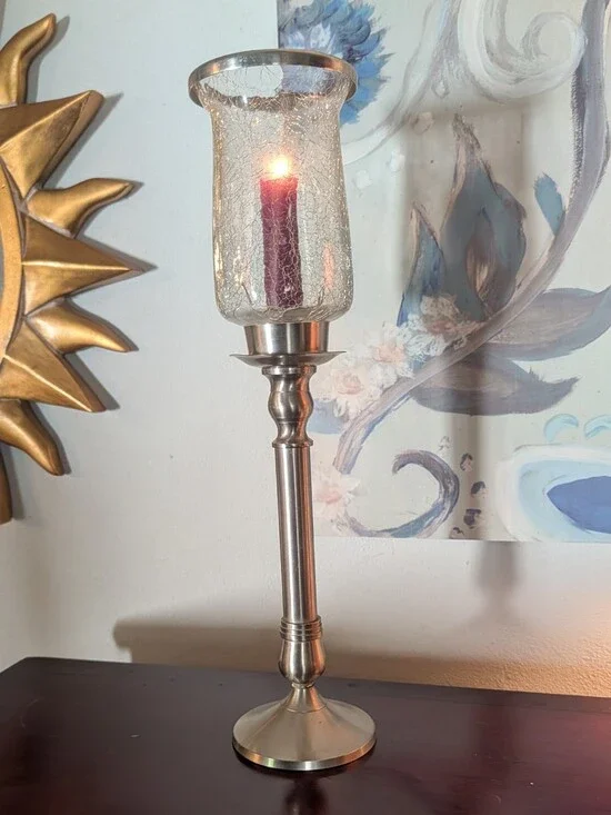 Vintage Brushed Nickel Hurricane Candle Stick Holder 16 3/4