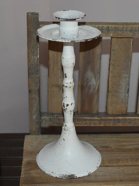 Vintage Shabby Chic Distressed White Iron Metal Candle Holder Farmhouse Decor