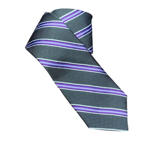 Cremieux 100% silk‎ black white polka dot tie w stripes of purple white blue