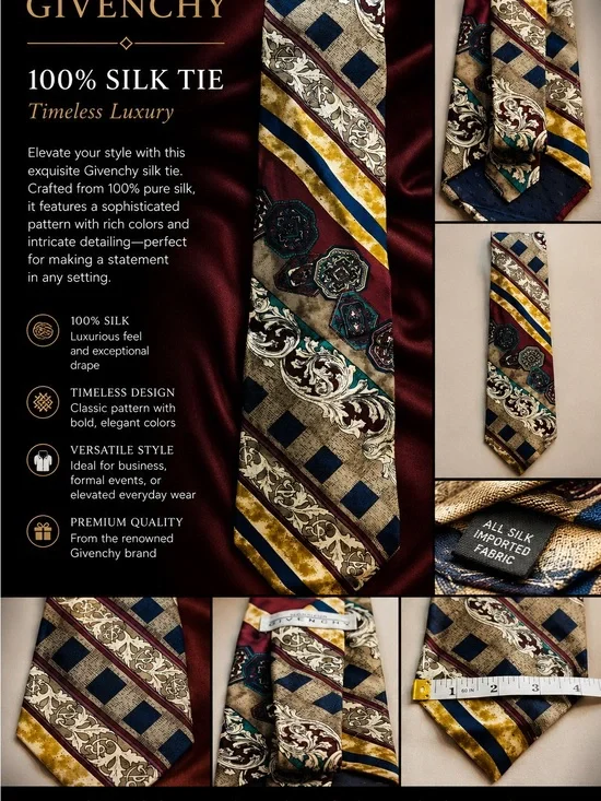 Givenchy Burgundy Navy Gold Patterned Silk Tie