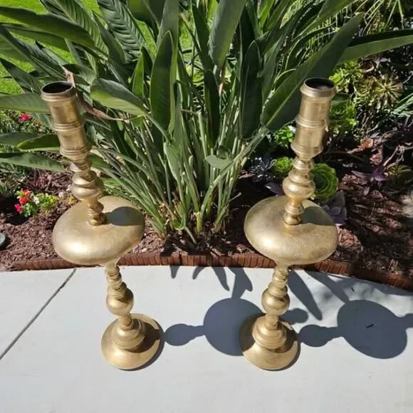 Vintage Pair of XLarge Etched Brass Floor Candle Holders