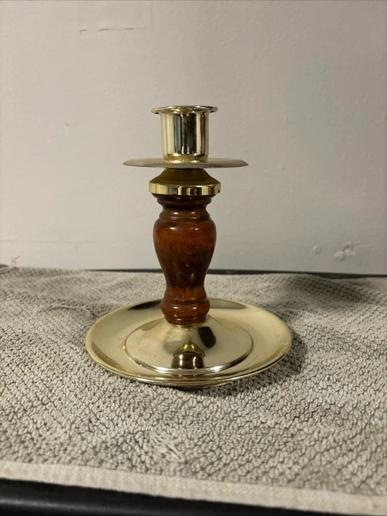 Home Interiors Brass and Wood Candle Holder in Gold and Brown