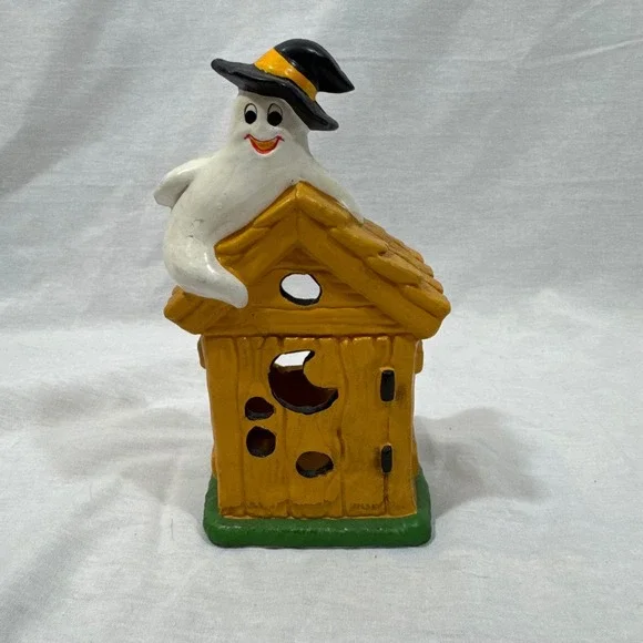 RARE Lefton Korea 80's Vintage Halloween Ceramic Ghost House Tealight Holder‎