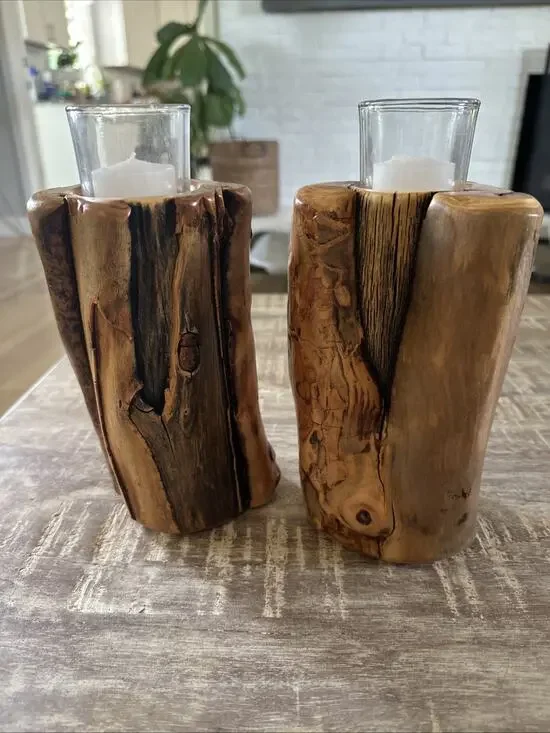 Colorado Aspen Wood Set Of 2 Hand Carved Votive Candle Holders 7”