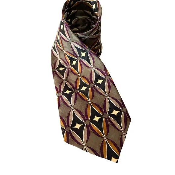 Martin‎ Wong Napa Silk Tie Geometric Retro Pattern Brown Purple Necktie