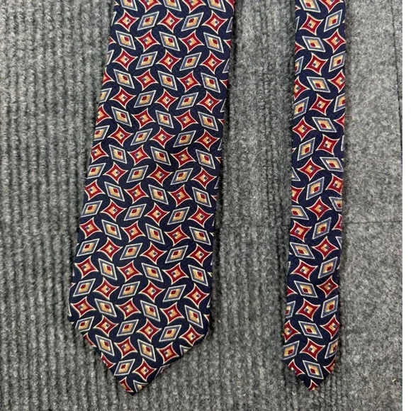 Christian Dior La Chemise Mens Silk Tie Navy Blue Red Gold Geometric Diamond