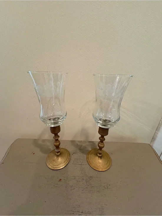 Two VTG Brass Taper Candlesticks With Clear Glass Hurricane Shades