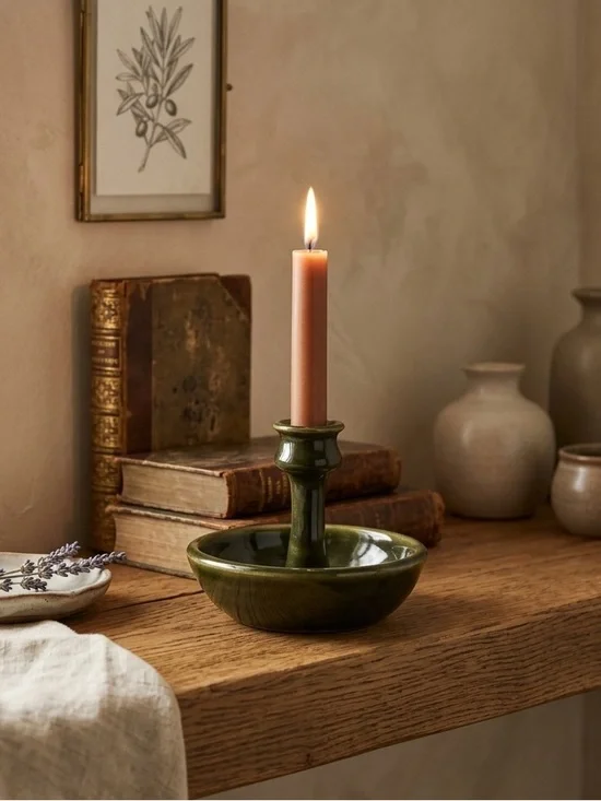 Vintage Green Glazed Ceramic Candlestick Holder Cottagecore Farmhouse Decor