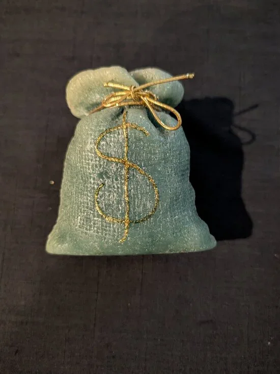 Vintage Green Money Bag Dollar Sign Novelty Candle Glitter Gold Tie Accent