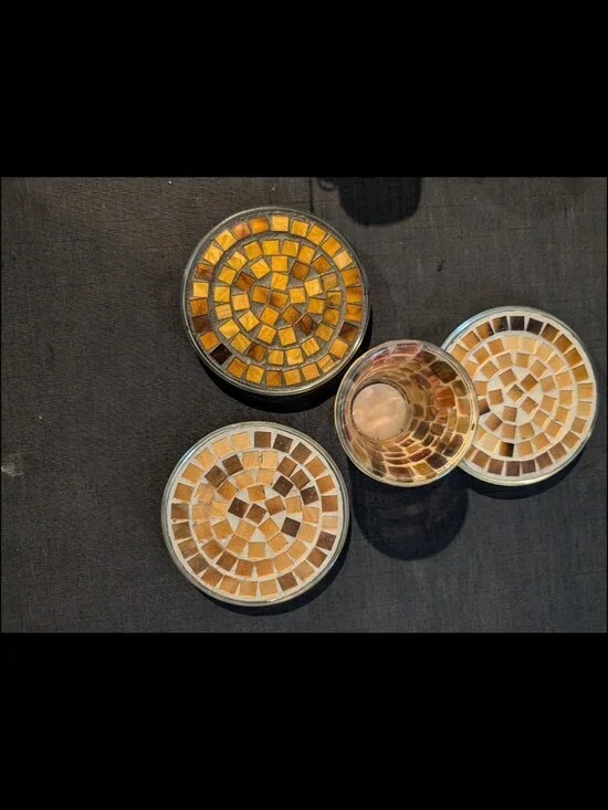 Vintage Pier 1 & Linens N Things Mosaic Glass Candle Holder 4pc Lot Brown Gold