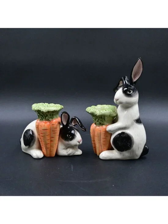 Fitz and Floyd Kensington Rabbit Candle Holder Set Vintage 1987 Bunny Carrot