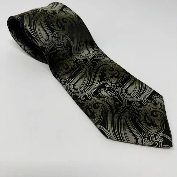 Covington Mens Silk Tie Black Gold Silver Paisley Woven Made in USA Necktie