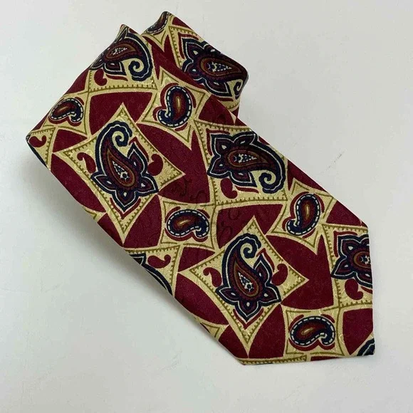 Yves Saint Laurent Tie Mens OS Burgundy Gold Paisley Geometric Silk Designer YSL