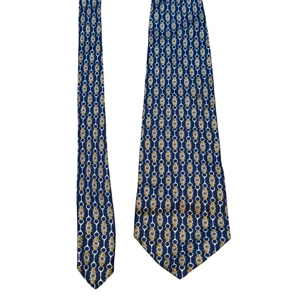 Paolo Gucci Mens Silk Tie Navy‎ Blue Gold Crest Chain Geometric Made in Italy