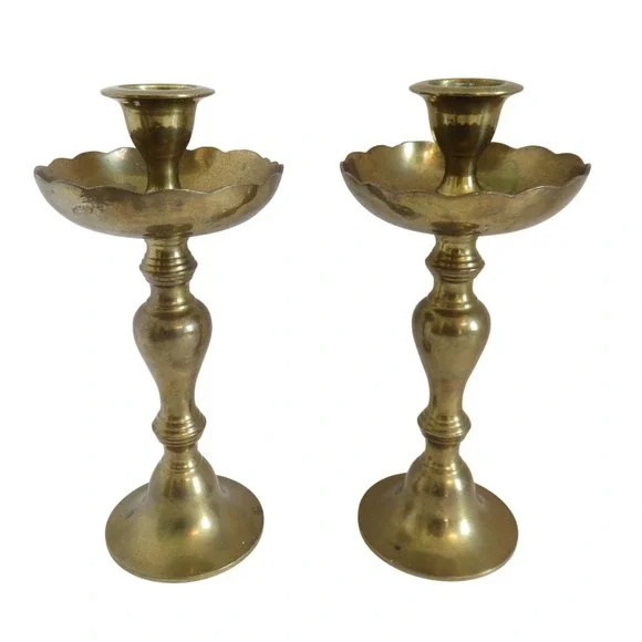 Vintage Solid Brass Scalloped Bobeche‎ Taper Candlestick Holders Pair 8.5 Inch