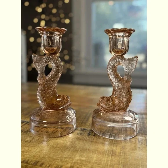 1930's Pink Depression‎ Glass Koi Fish Candlestick Pair Chinoiserie Dragon