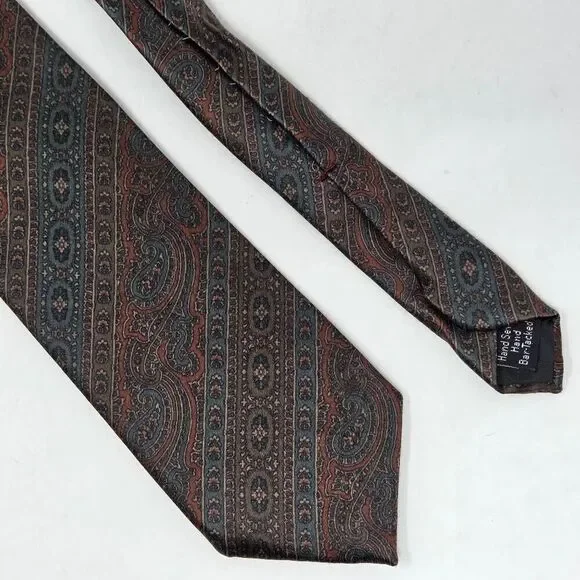 OSCAR DE LA RENTA SILK TIE GREEN TAN RED PAISLEY SATIN STRIPE SMOOTH 3.25