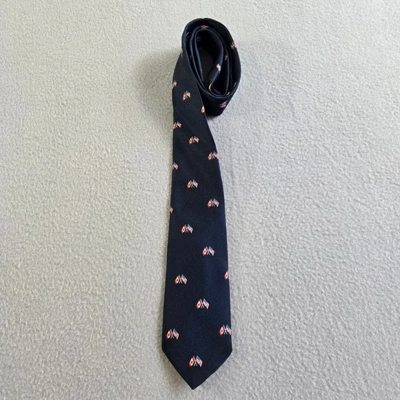 Ely Ties Necktie Mens OS Navy Blue USA Canada Crossed Flags Patriotic Polyester