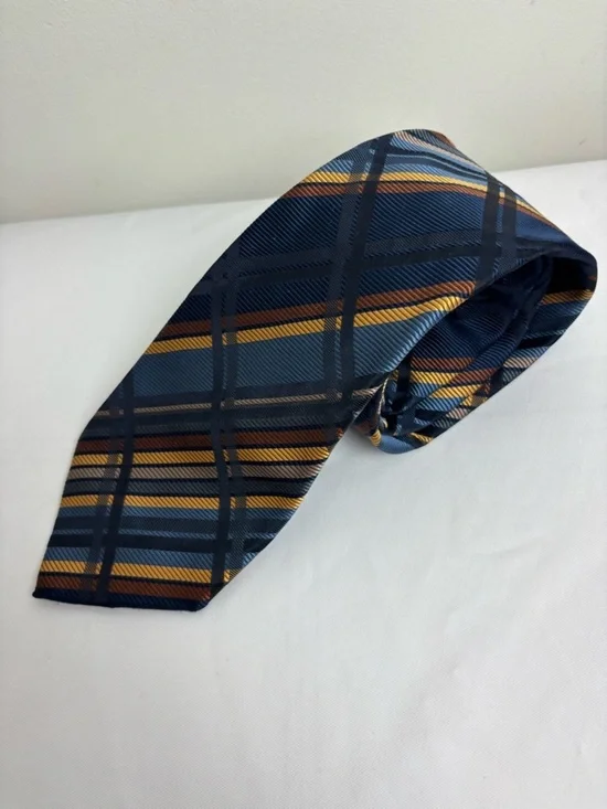 Burberry Silk Tie in Geometric Gold and Navy Blue Pattern