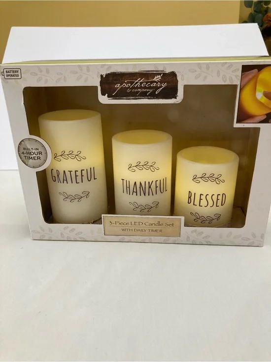 Apothecary & Co. Cream LED Candle Set - Grateful Thankful Blessed in box.